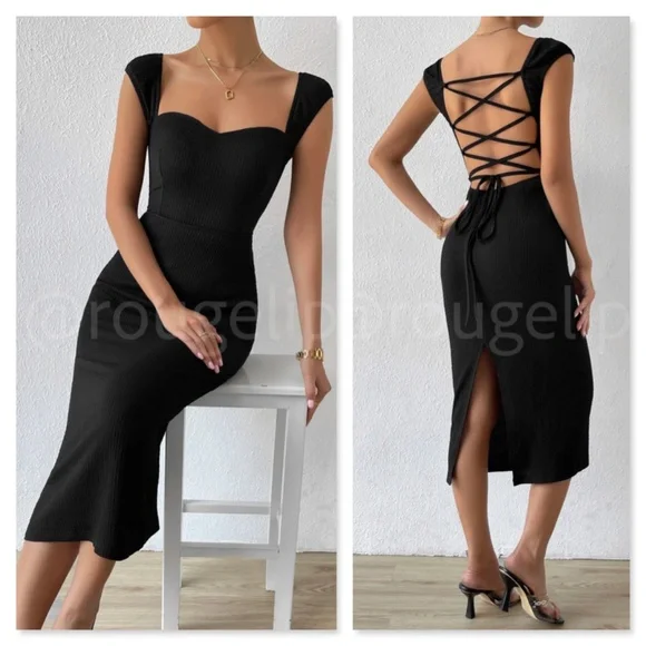 Sweetheart Neckline Decollete Black Pencil Dress Lace Up Back Slit Midi - Picture 1 of 9